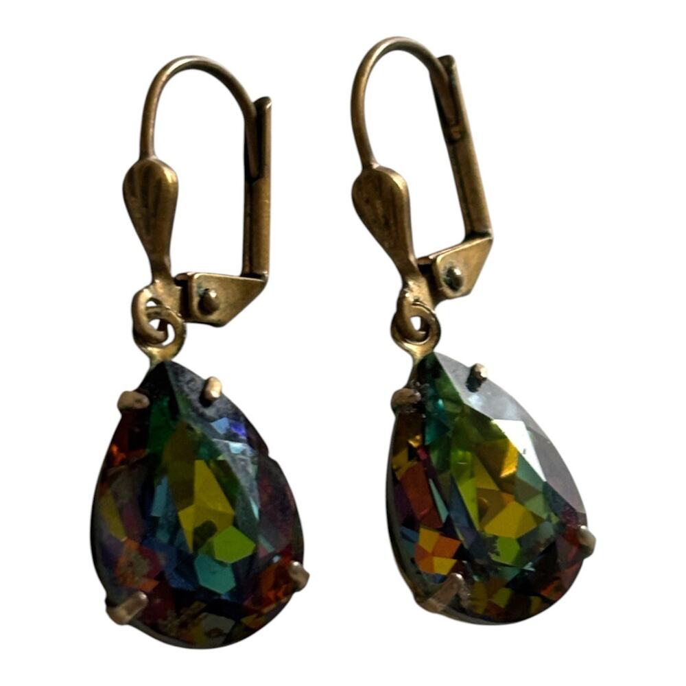 Rainbow Mystic Topaz Glass Teardrop Dangle Earrings Gold Tone lever back